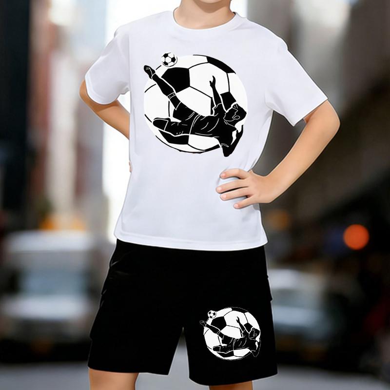 Boys 2 Piece Football Themed Print Outfit, Short Sleeve T-Shirt and Shorts Set for Kids Age 5-14,Black and White Sporty Casual Summer Clothes