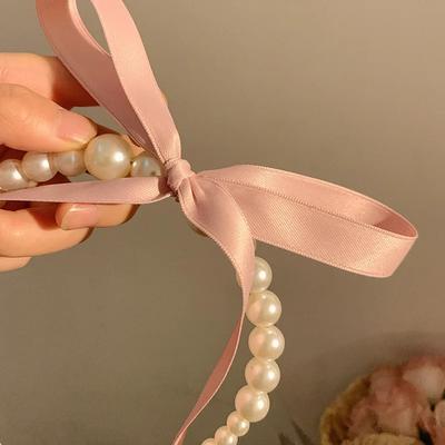 Girl Like French Pink Bow Ribbon Pearl Headband, High-end and Sweet Temperament Hair Clip Headband