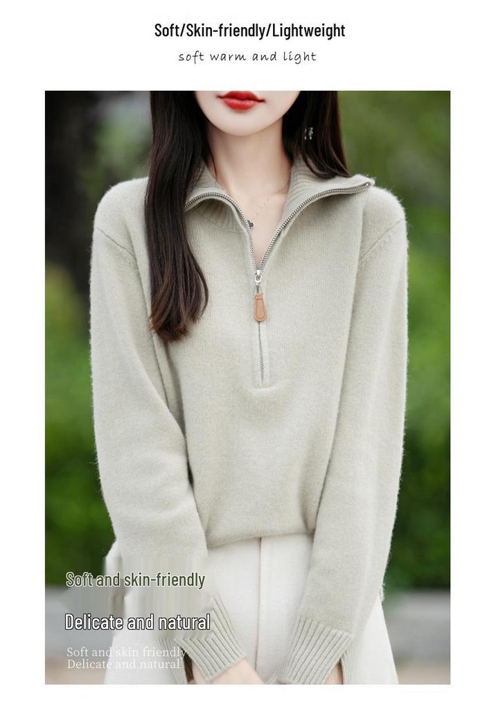 Women's Half-Zip Lapel Sweater - Autumn/Winter 2025 Loose Pure Color Knit Pullover
