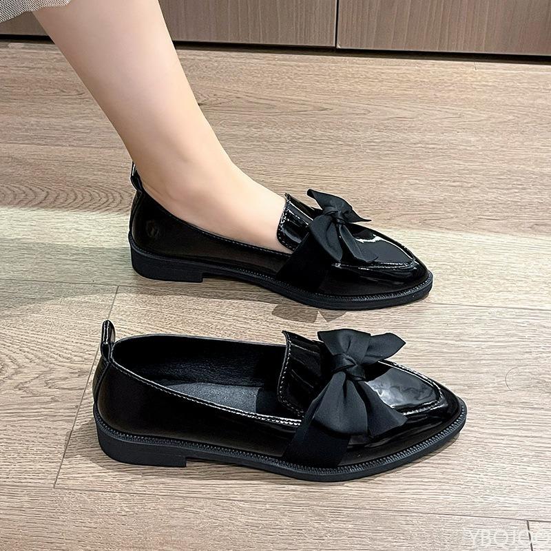2024 Spring New Comfortable Formal Shoes Fashion Daily Casual Flat Shoes Pointed Bow Square Heel Women's Single Shoes