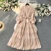 Luxury Party Dress for Women Long Lace Hollow Out Bandage Runway Patchwork Solid Lantern Sleeve Single Breasted Stand Dress