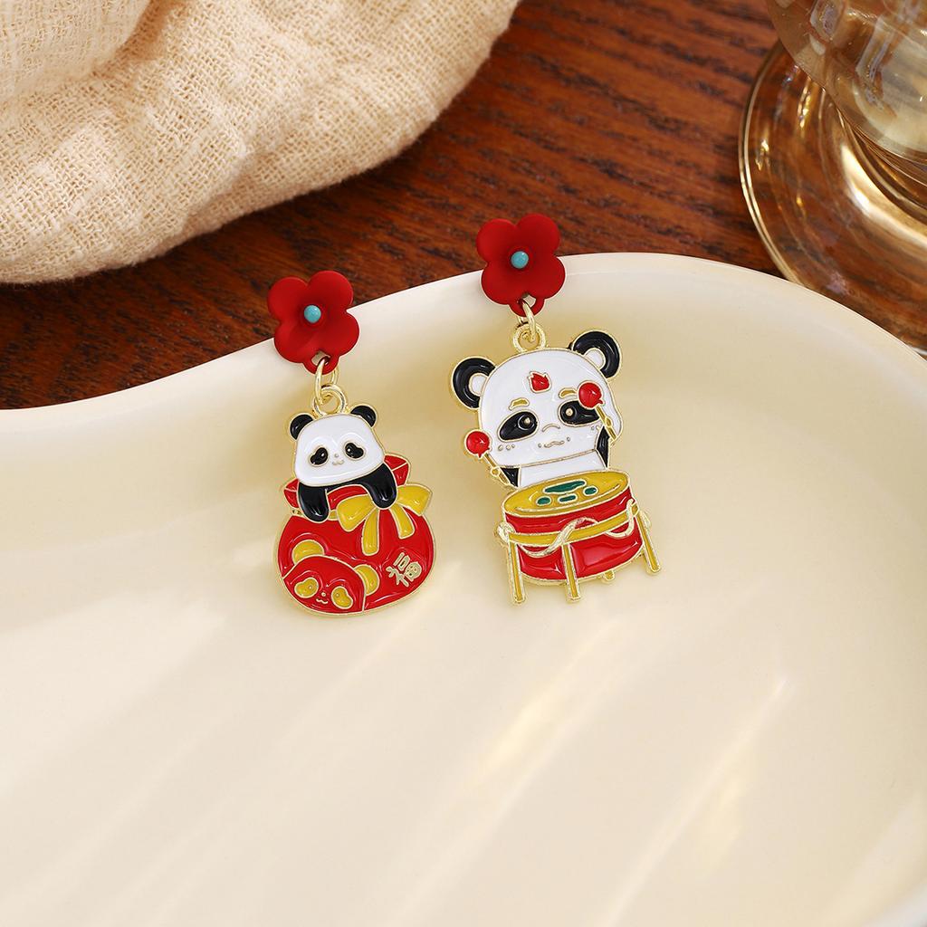 New Year'S Chinese Knot Lantern Cute Panda Earrings, Chinese Style Gong Xi Fa Cai Lucky Bag Pearl Earrings Women