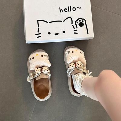 Mignon chat dessin animé sac polyvalent demi-pantoufles pantoufles en coton année Birkenstock tête en daim