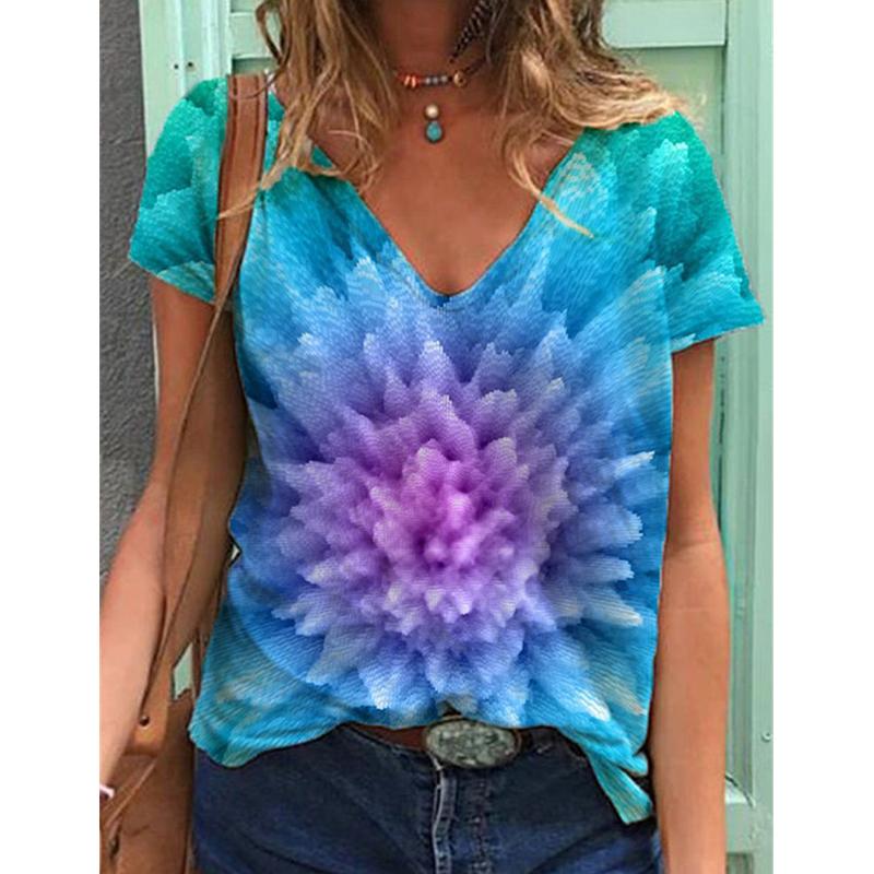 

Модные весенние блузки с цветочным принтом, футболки с коротким рукавом и V-образным вырезом, повседневные 5XL синий