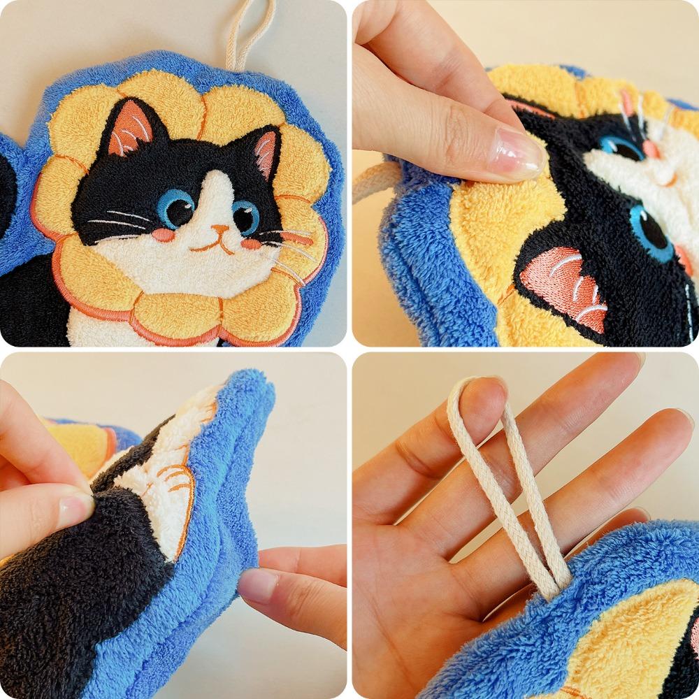 2pcs Water Absorption Cartoon Cat Hand Towel Coral Fleece Kitchen Handkerchief  Dinning Table