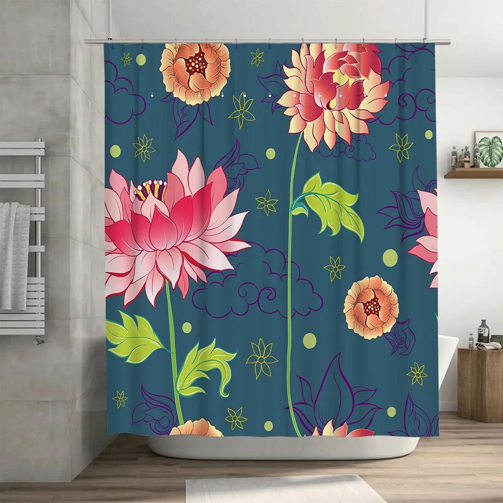Vibrant Floral Print Shower Curtain Waterproof Fabric for Bathrooms Decor Modern Home Decoration Accessories in Blue Background