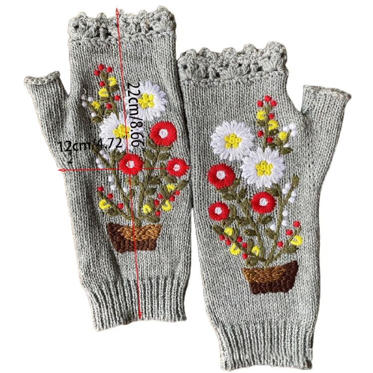 Fingerless Warm Gloves Knitted Mittens Stretchy Cartoon Embroidery Flower Mitten