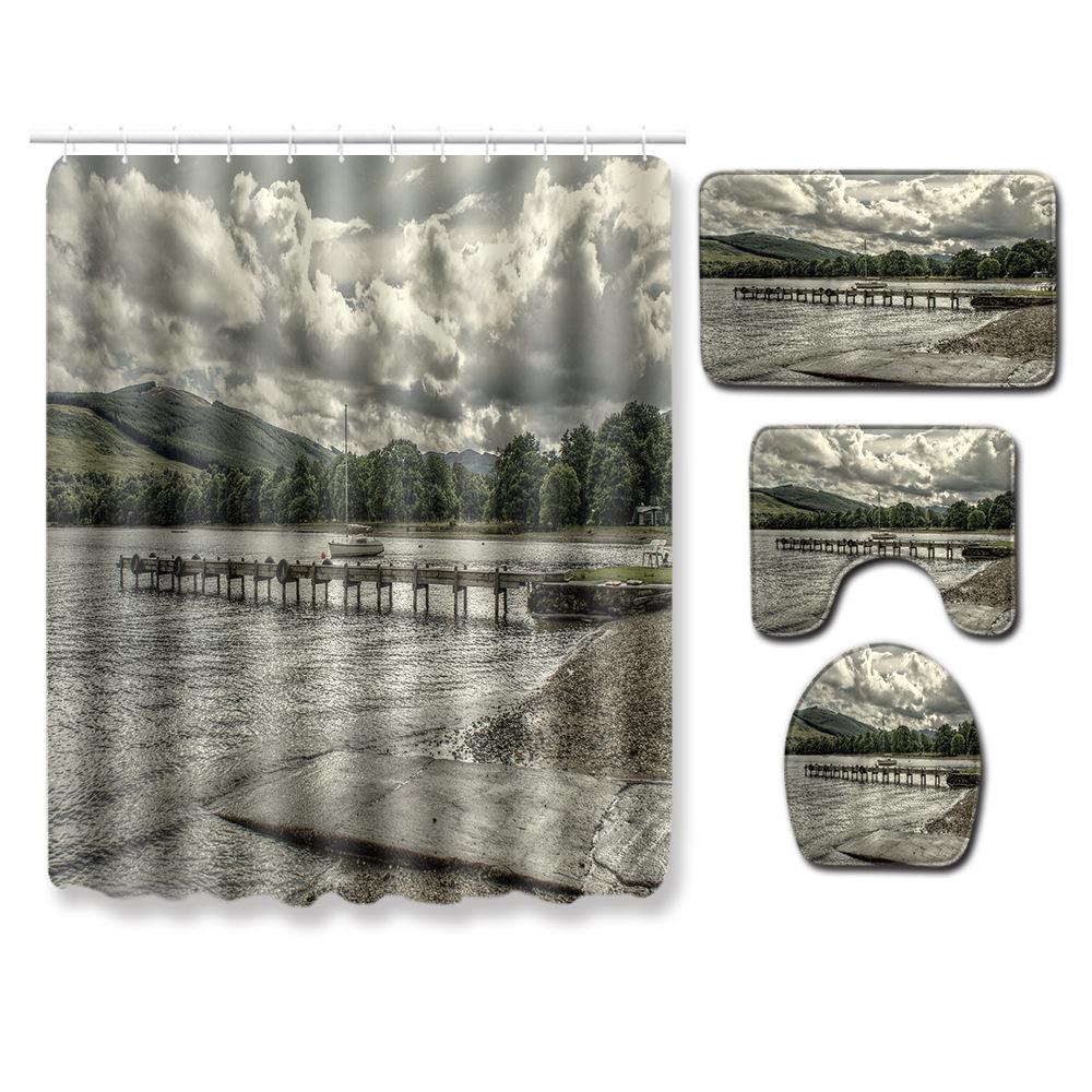 Landscape Shower Curtain Floor Mat Combination Four-Piece Set Bathroom Toilet Carpet Shower Room Mat Foot Mat