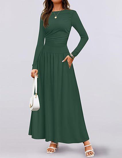JPNTKY Fashion Autumn Winter Solid Color Print Long Sleeve O-Neck Casual Dresses Unique design
