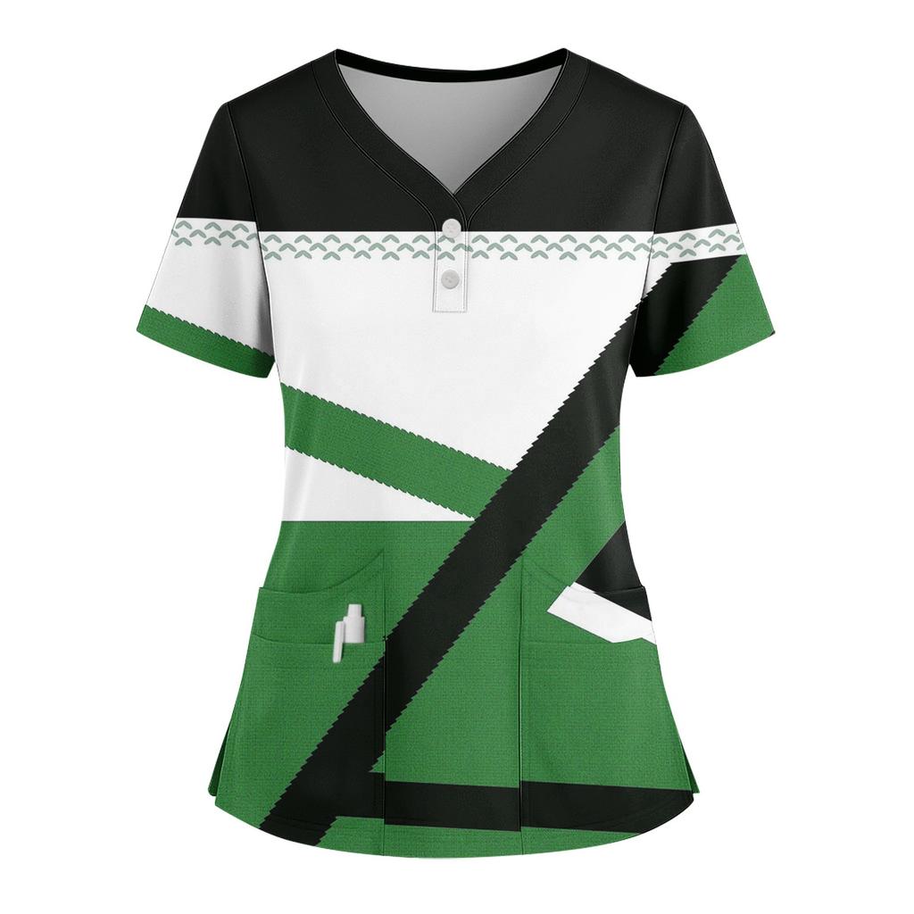 Women's Loose Short Sleeved Fashionable Polka Pots And Geometric Printing V-neck Buttonable Side Slit Top T-shirt