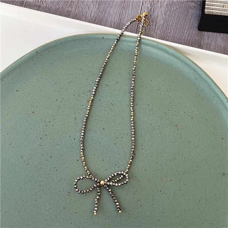 Delicate Beaded Choker Necklace with Bowknot Pendant Stylish Collar Necklaces Adjustable Chain  for Women and Girls