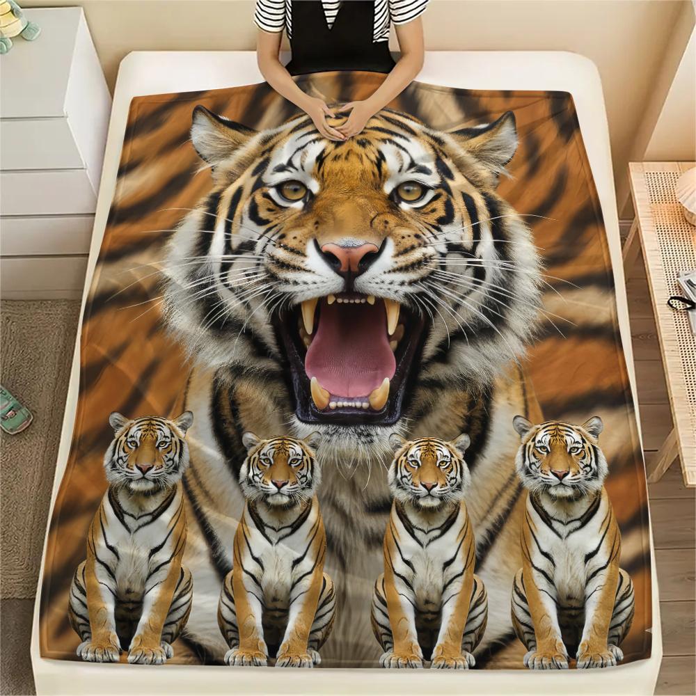 1Pc Tiger Lion Print Flannel Blanket, High Quality Comfortable for All Seasons, Home Decor, Warmth and Comfort, Perfect for Gifts