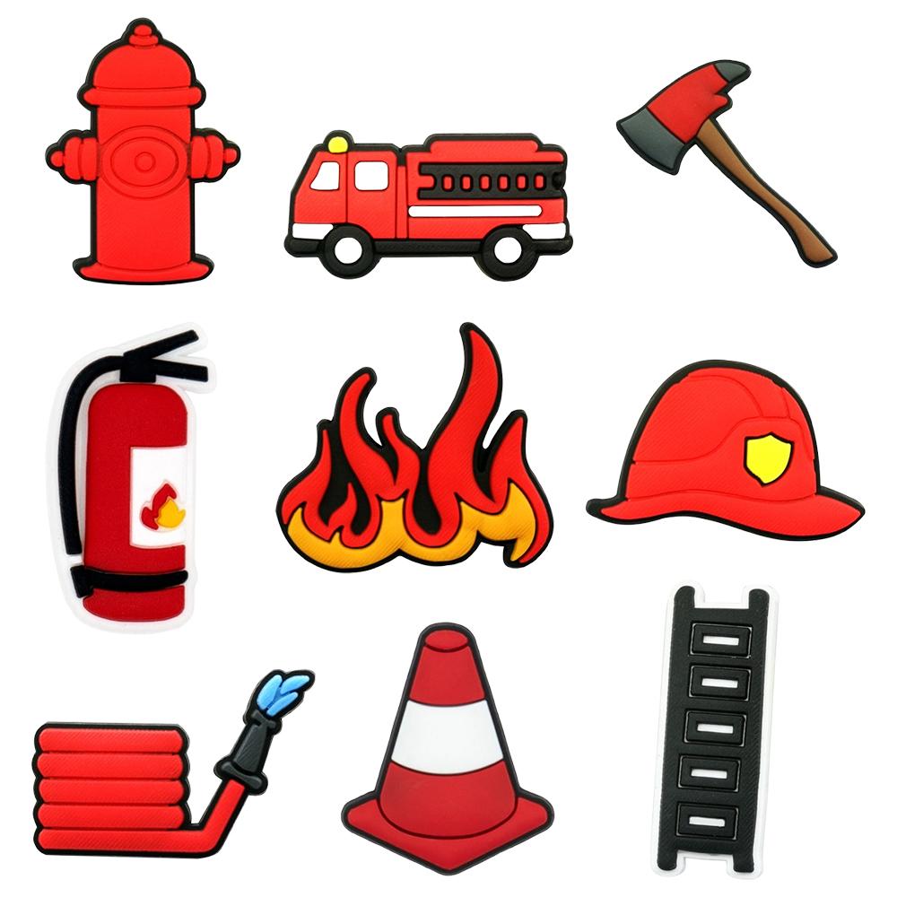 9-12 Stück Cartoon Feuerwehrauto Flamme Feuerwehr Schuhanhänger PVC Dekorationsschnalle Sandale Abnehmbar Wasserdicht Als Weihnachtsgeschenk