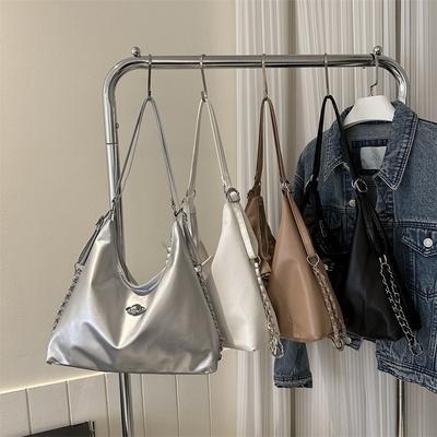 Chain Double Shoulder Big Bag 2025 New Summer Fashion Silver Shoulder Bag Soft Surface Large Capacity Tote Bag