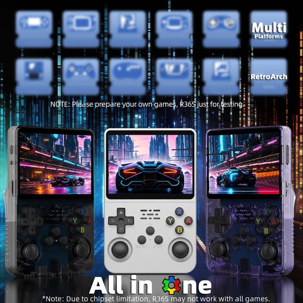 Whatsko R36S ArkOS Retro Handheld Game IPS Dual 3D Portable Emulator Japanese Language 3500mAh Transparent Purple Console, RK3326, 3.5-inch Display,