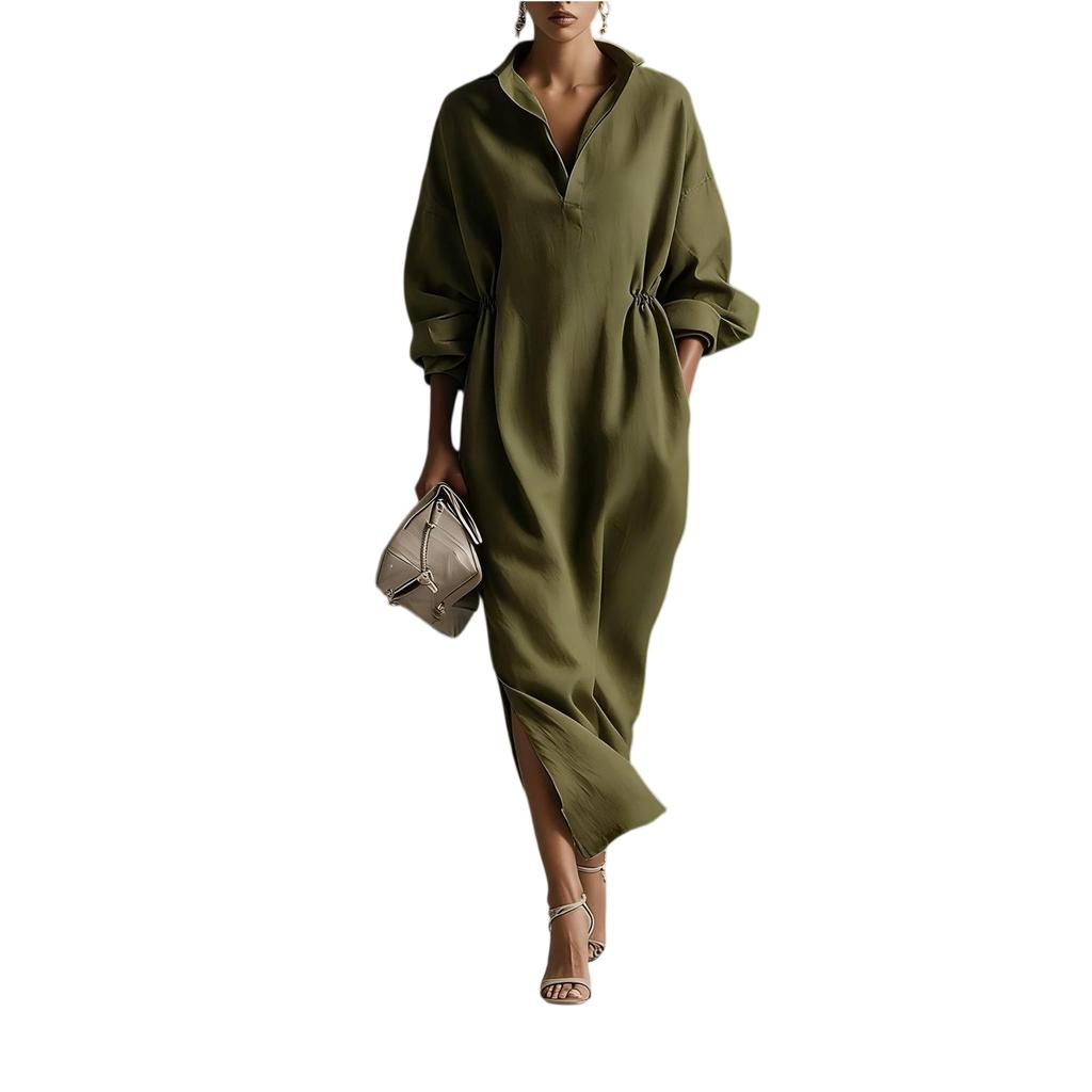 Women's Loose Fit Long Sleeve Shirt Collar Dress with Waist Drawstring and Side Pockets Casual Button Down Midi Dress for Spring Summer