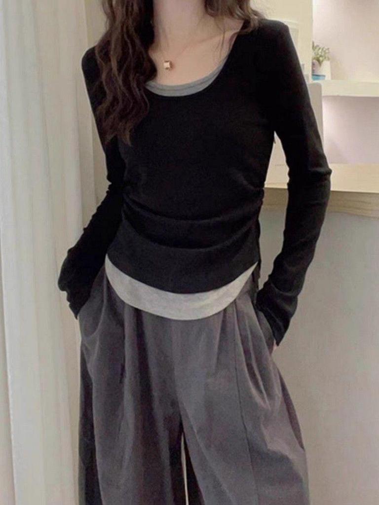 Stylish Patchwork Long-Sleeve Slim T-Shirt for Women, Spring/Autumn