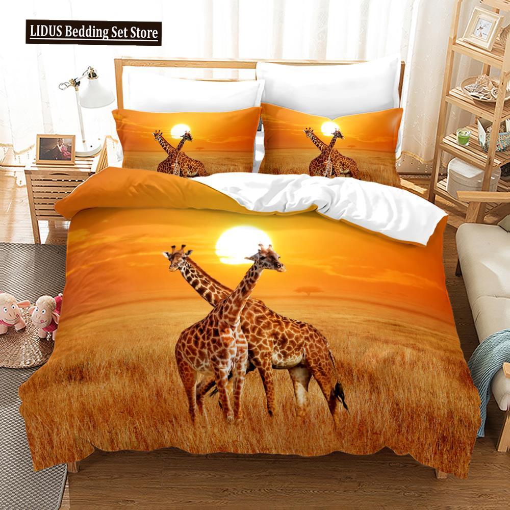 Deer Duvet Cover Set King Polyester Bedding Set For Kid Children Gift Bedding Set 3D Animal Giraffe Purple Theme Comforter Cover