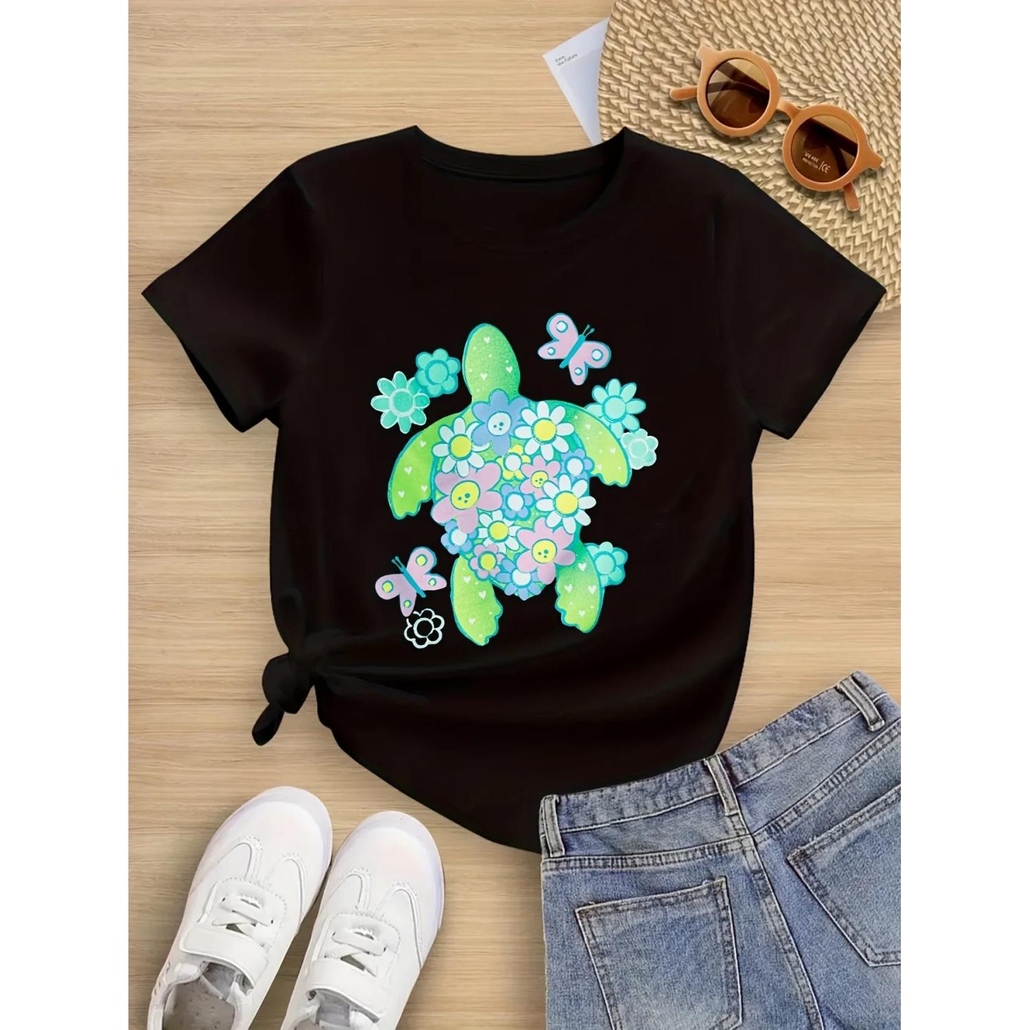 

Floral and turtle print round neck short sleeve T-shirt casual and versatile style suitable for summer outings and daily wear S чёрный