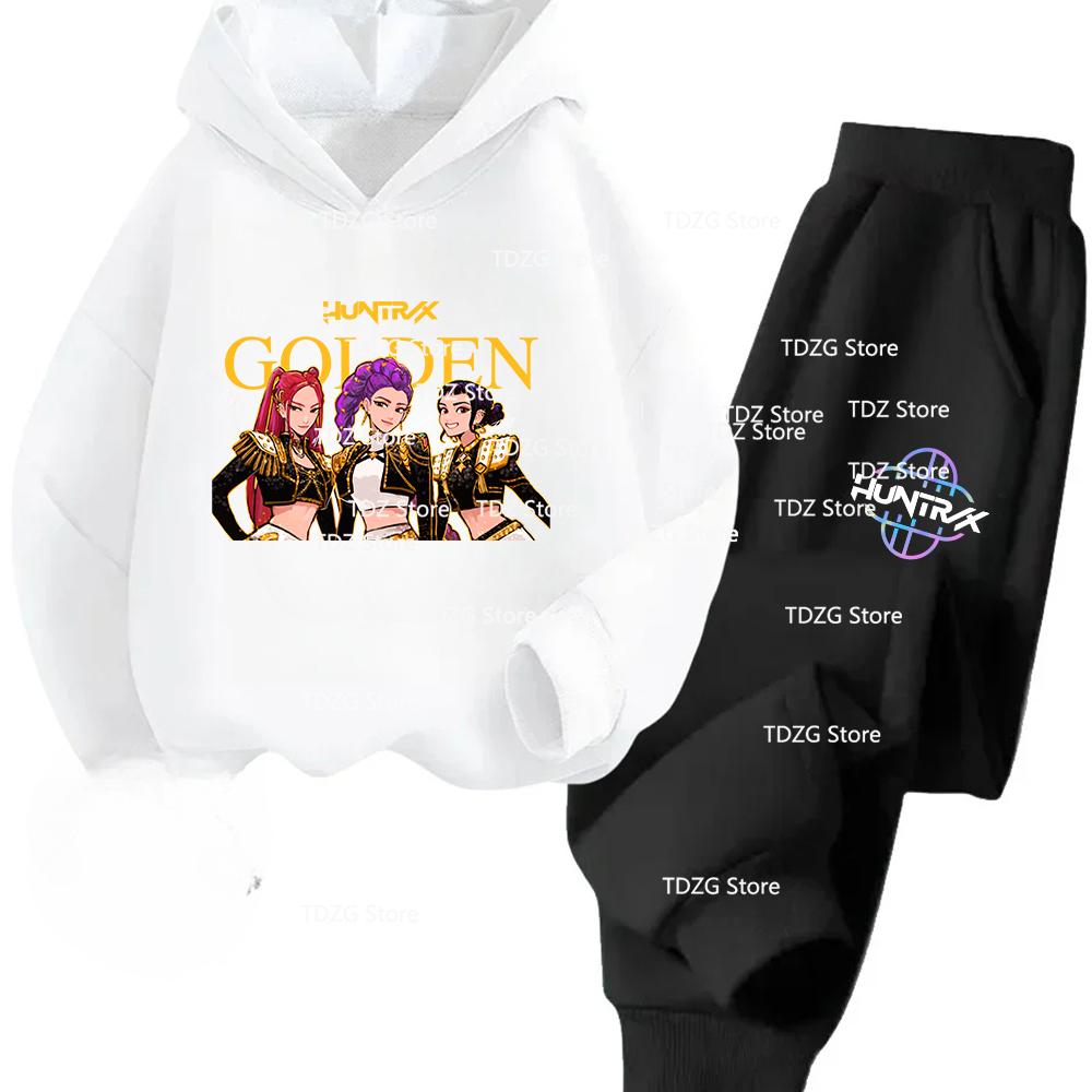 

Autumn Winter Hot Movie KPop Demon Hunters Fleece Hooded Children s Set Hoodies+Pants Suit Fashion Boy Girl Sport Trousers Set 100