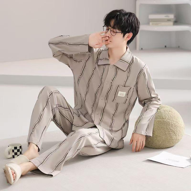 Men's Plus Size Pure Cotton Long Sleeve Pajamas Set for Spring, Autumn, and Winter