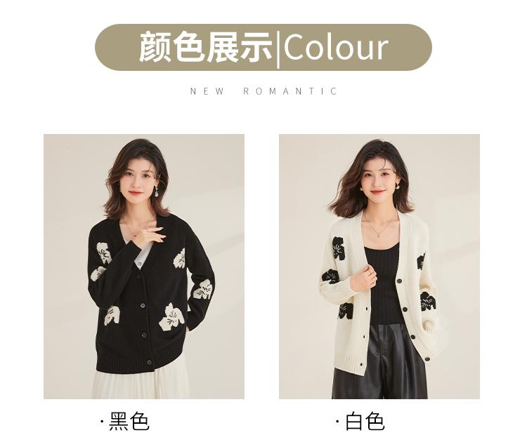 Retro Jacquard Cardigan Cotton Wool 100% Autumn/Winter V-neck Coat Versatile Women's Woolen Sweater for Daily Use