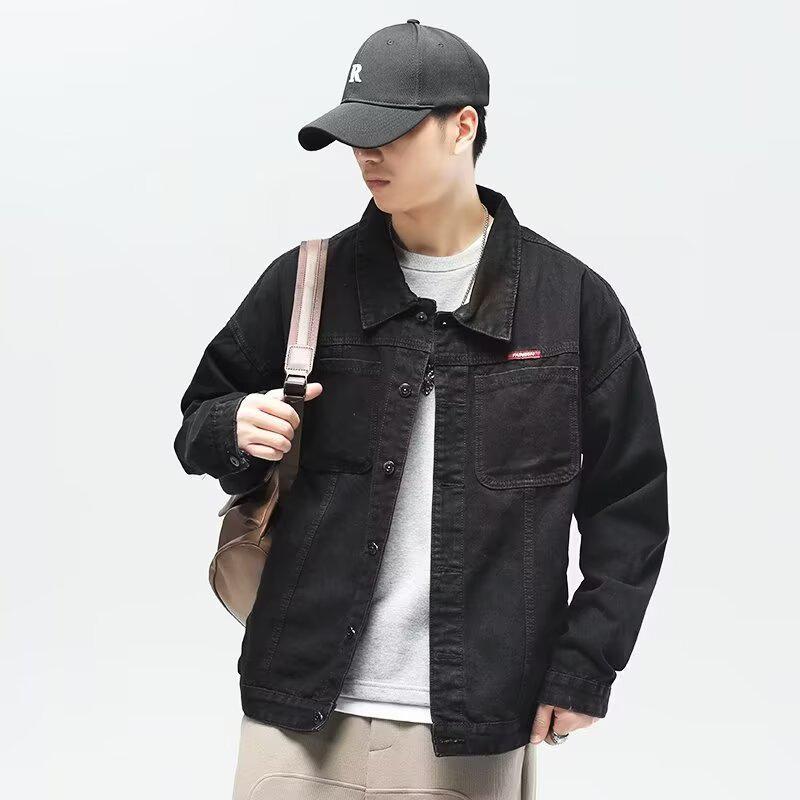 Men's Japanese Retro Denim Jacket - Turn-Down Collar, Loose Fit, American Street Style, Spring/Autumn Casual Workwear