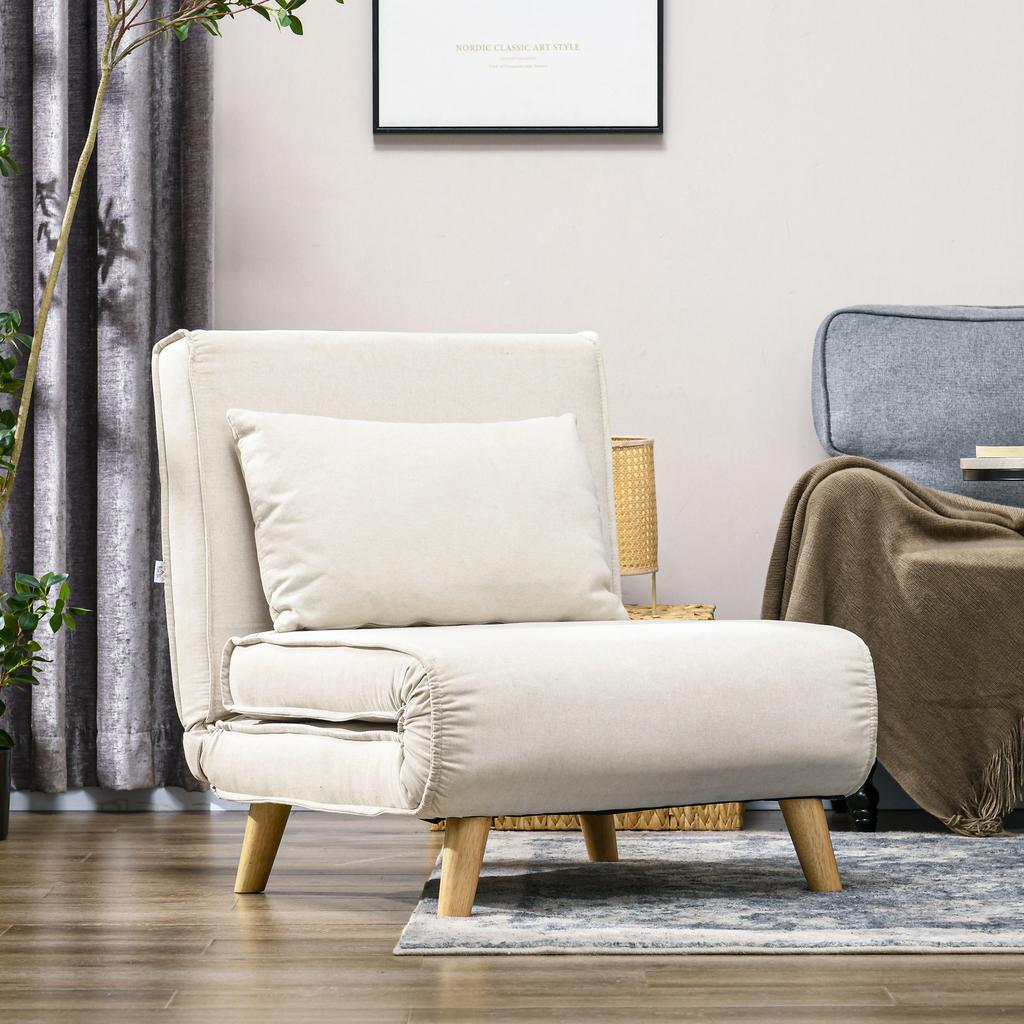 Sleeper Chair, 6-Level Adjustable Backrest, Linen Look, Up To 120 Kg, Cream