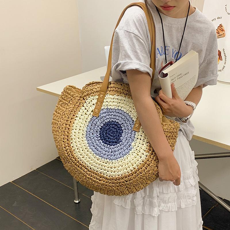 Straw Bag Women Hand-Woven Handbag Round Shape Rattan Bag Big Capacity Casual Beach Shoulder Crossbody Bag