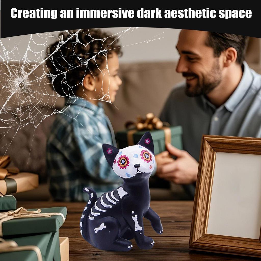 Small Halloween Figurines Desktop Halloween Statue Home Decoration Skeleton Cat Dog Sculpture For Bookshelf Bedside Bookcase