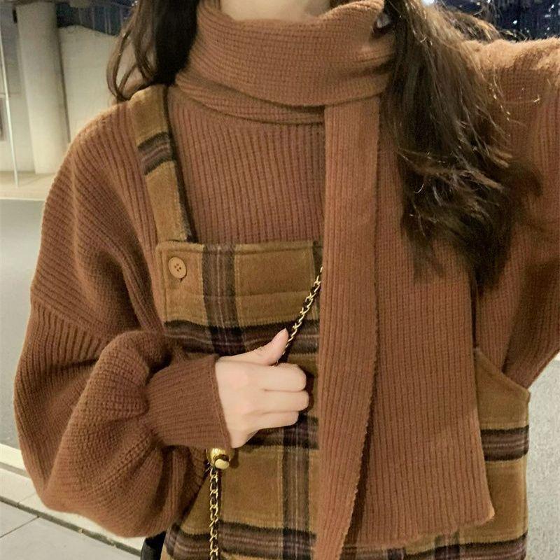 Sweet Salted Color Block Plaid Overall Dress & Long Sleeve Sweater Set for Spring/Autumn