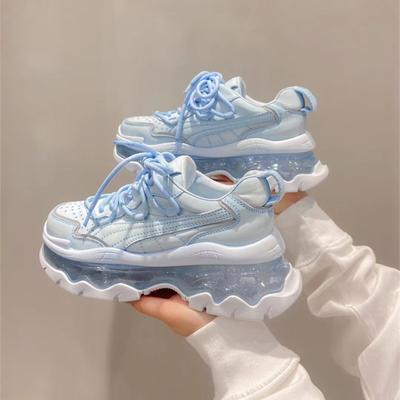 Authentische klobige Leder-Sneakers für Damen, Frühling, neue Ins, trendige Plateau-Luftkissenschuhe, die die Körpergröße erhöhen, sportliche Freizeitschuhe