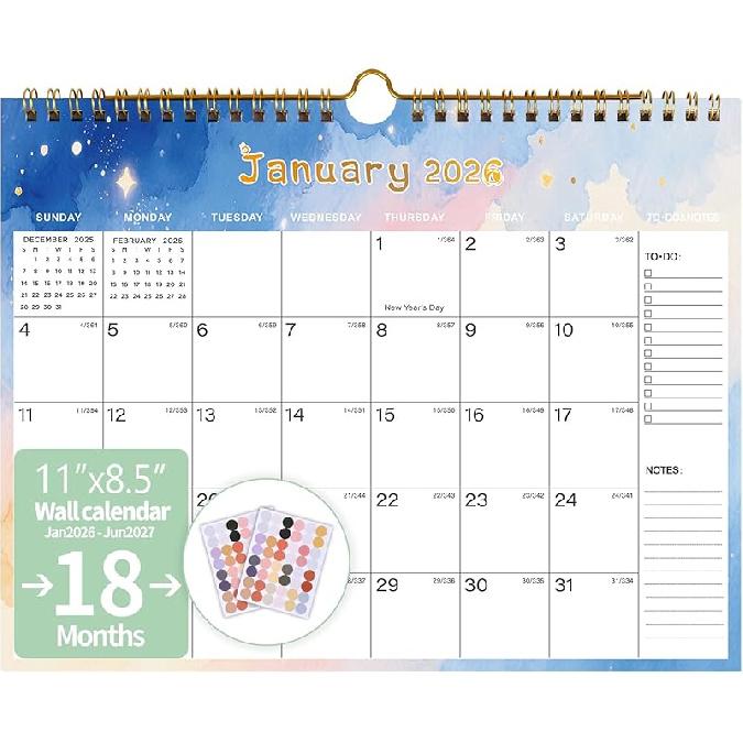 2026-2027 Wall Calendar, Calendar 2026-2027, 18 Monthly Wall Calendar from January 2026 to June 2027, 11 x 8.5 Inches Thick Paper, Large Ruled Blocks