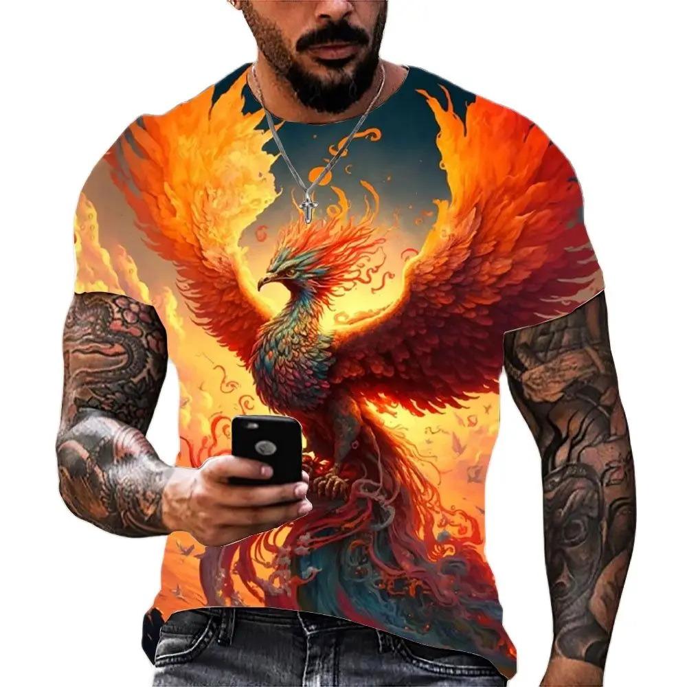 Anime Cartoon Phoenix 3d Printing Gorgeous and Cool Men's Summer Avant-garde Personality Round Neck Short-sleeved Casual T-shirt