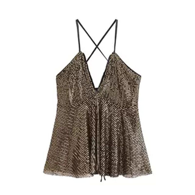 

Zbzr Весеннее поступление Женская одежда Модный стиль Французский Миноритарный Декор пайетками Стильный Легчайший для сочетания Вечеринка Топы на бретелях Gold high quality version L