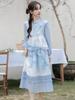 Spring & Autumn New Chinese Moon White/Blue Two-Piece Skirt Set for Women