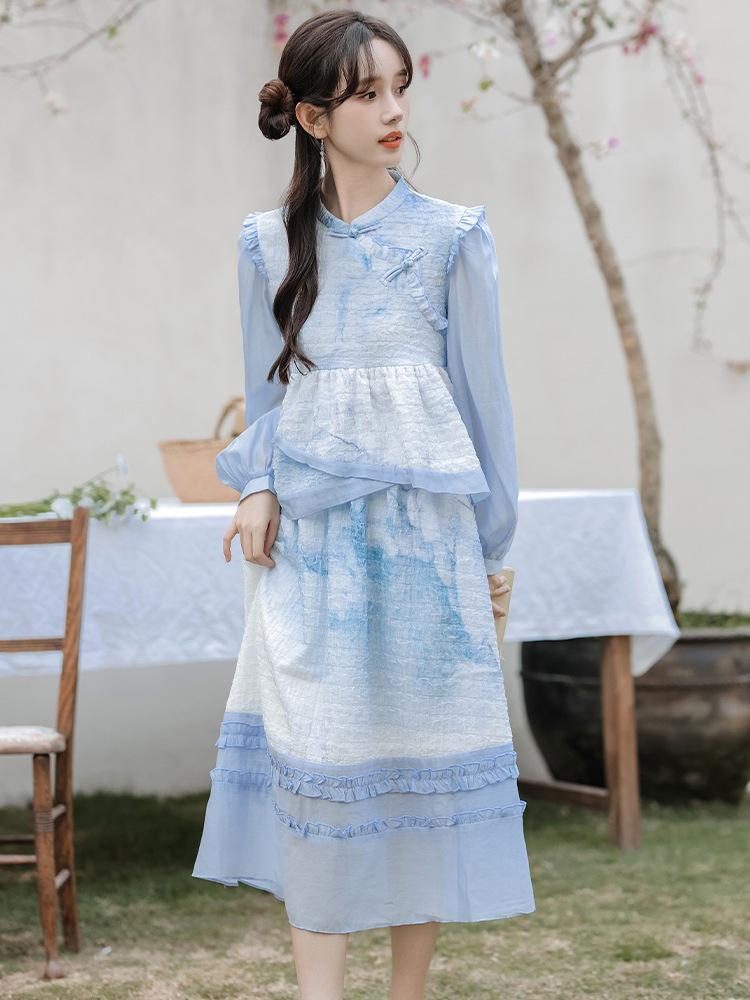 Spring & Autumn New Chinese Moon White/Blue Two-Piece Skirt Set for Women