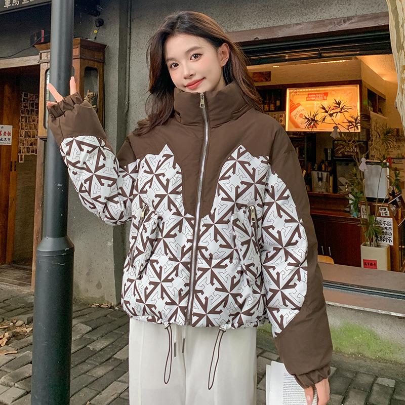 Short Cotton Jacket Women's Winter 2025 New Design Print Splicing Thickened Design Explosive Jacket