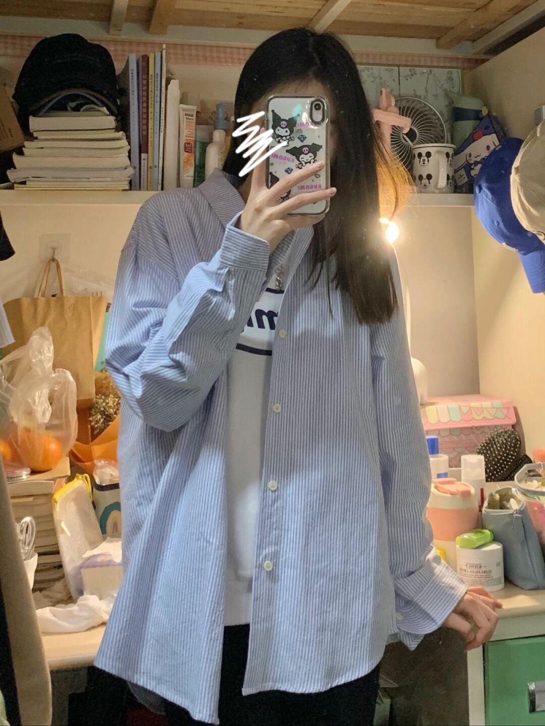 

Женская полосатая рубашка свободного кроя с длинным рукавом в корейском стиле для весны и осени S синий