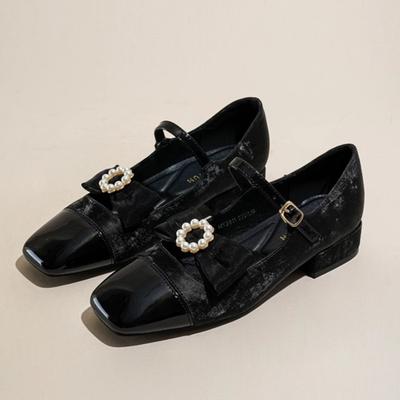 Spring New Coarse Heel Single Shoes Women's Square Head Shallow Mouth Butterfly Knot Non-slip Low Top Shoes