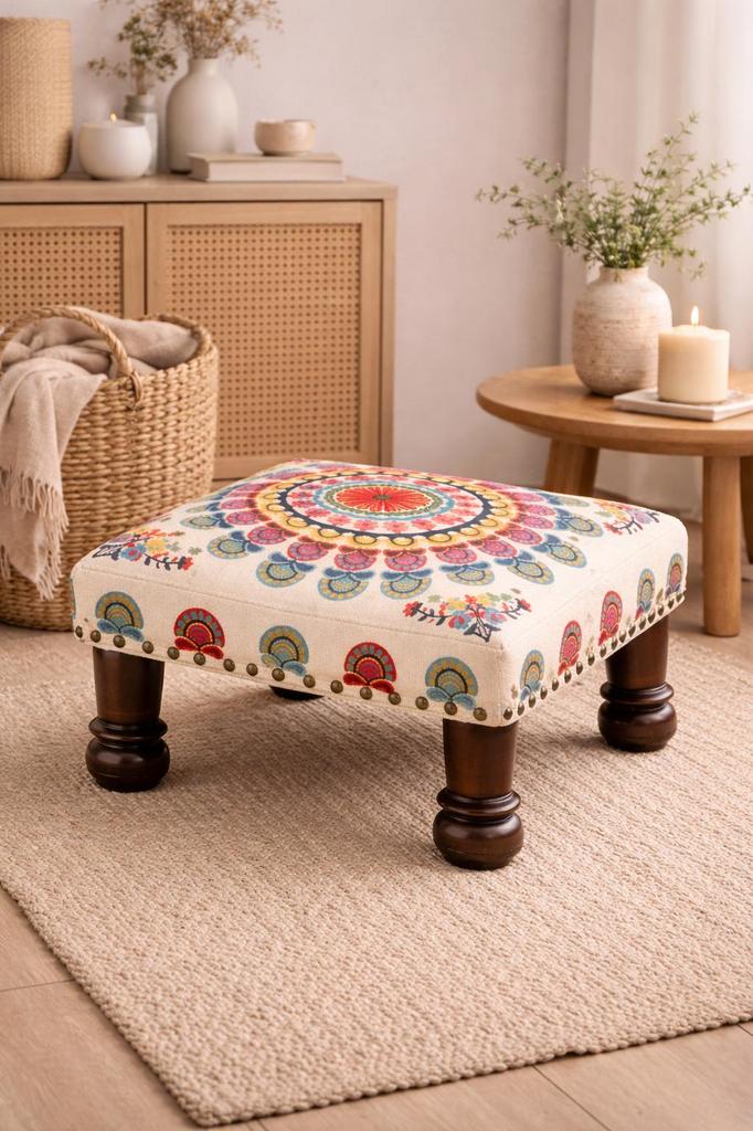 Mystic Mandala Embroidered Foot Stool - Multicolor Cotton Ottoman with Mango Wood Legs, 40 X 40 X 22.5 Cm