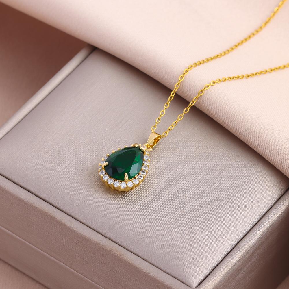 New Vintage Luxury Green Zircon Crystal Pendant Stainless Steel Necklaces For Women Trendy Retro Female Clavicle Chain Jewelry