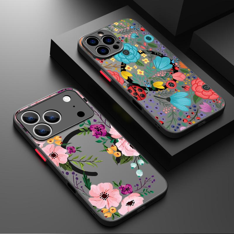 Magnetic Colorful Flower Phone Case For iPhone 17 15 16 Pro Max 14 13 Pro 17 For Magsafe Wireless Charge Soft Edge Hard PC Cover
