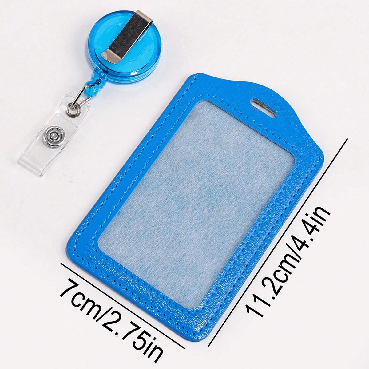 

Stylish Leather ID Card Holder - With telescopic buckle Student Work Credential Clip Office Supplies Portable Card Storage синій