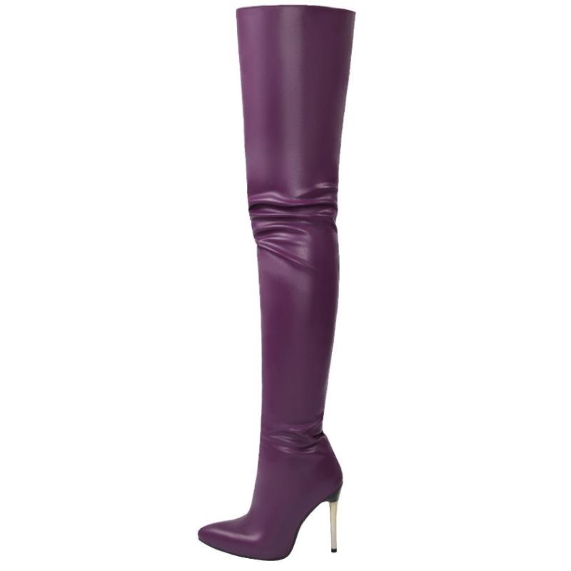 

New Sexy Fashion Patent Leather Women Over Knee Boots Black White Long Boots Ladies Pointed Toe Classic High Heels Shoes Large 43 фіолетовий