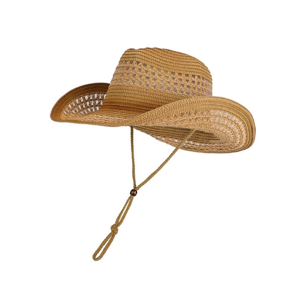 Classic Summer Sunscreen Straw Hat Wide Brim Hollow Out Western Cowboy Hat Retro Ethnic Style Sun Hat for Women Men