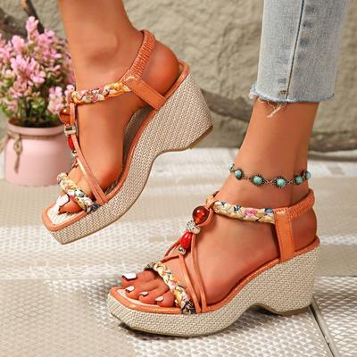 Damen Böhmische Keilsandalen mit elastischem Riemen Bequeme Sommerschuhe