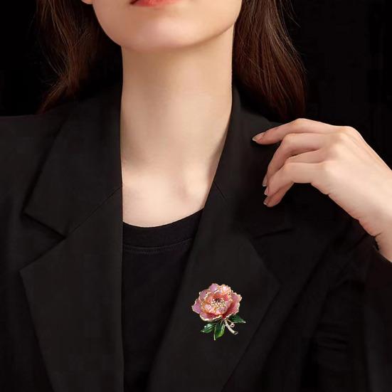 Women Brooch Sparkling Rhinestones Enamel Peony Shape Lapel Pin Suits Coats Bags Scarves Badge Versatile Accessory