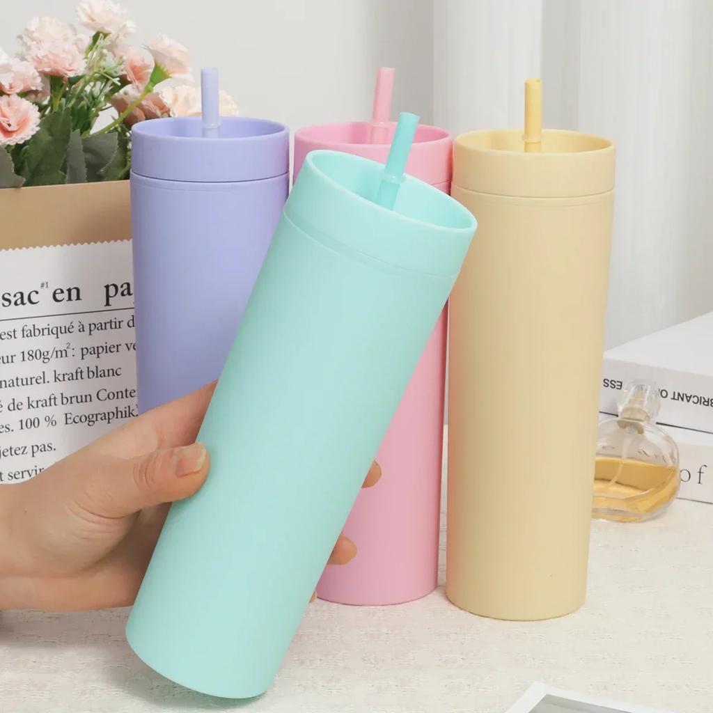 1pc Plastic Straw Cup Double-Layer Water Bottles Coffee Cup Reusable Hard Plastic Tumbler With Lid Drinkware Gift