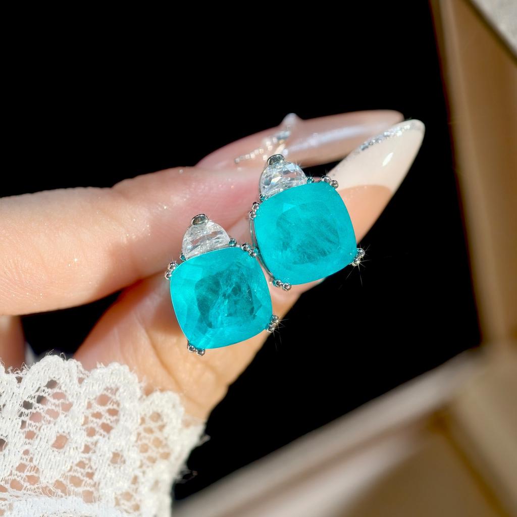Princess Square Pillow Paraiba Neon Blue Premium Temperament Open Ring Women's Pendant Stud Earrings Set 2026